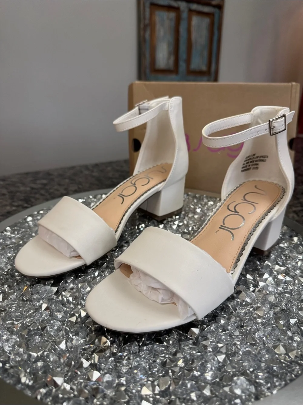 Sugar White Ankle-Strap Block Heel Sandals NEW 7.5